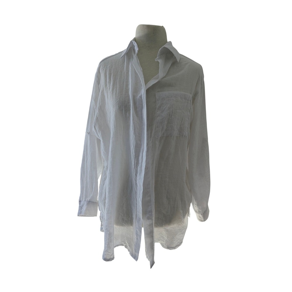 L.I.F.E.‎ Love is for Eternity Womens White Gauze Roll Tab Button Down Shirt S